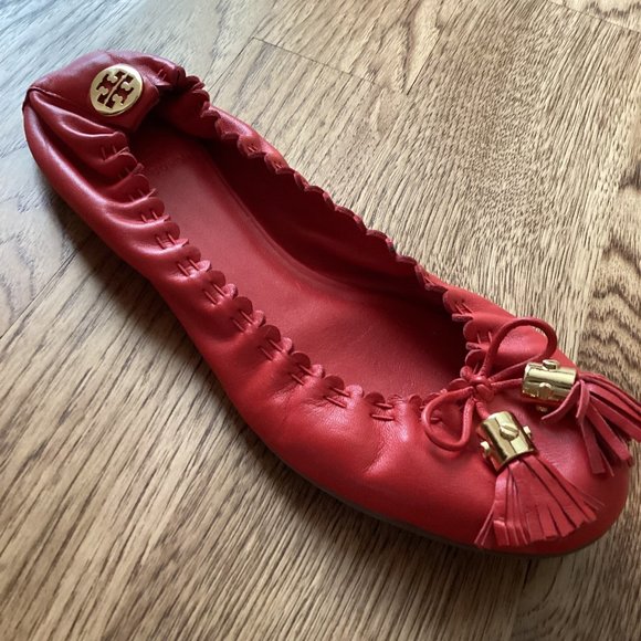 Tory Burch Shoes - Tory Burch Red Leather Tassel Ballet Flat